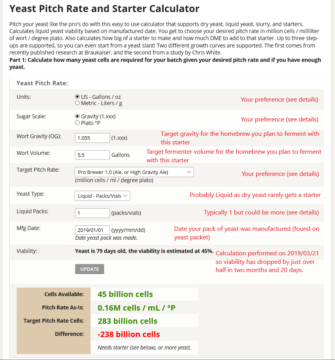 The first form in the yeast pitch rate and starter calculator Yeast Pitch Rate and Starter Calculator-Part 1