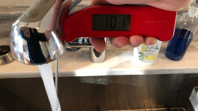 It's a little hard to read the temp but I now have my water stream at a steady 101 degrees F. Rehydrating Dry Yeast